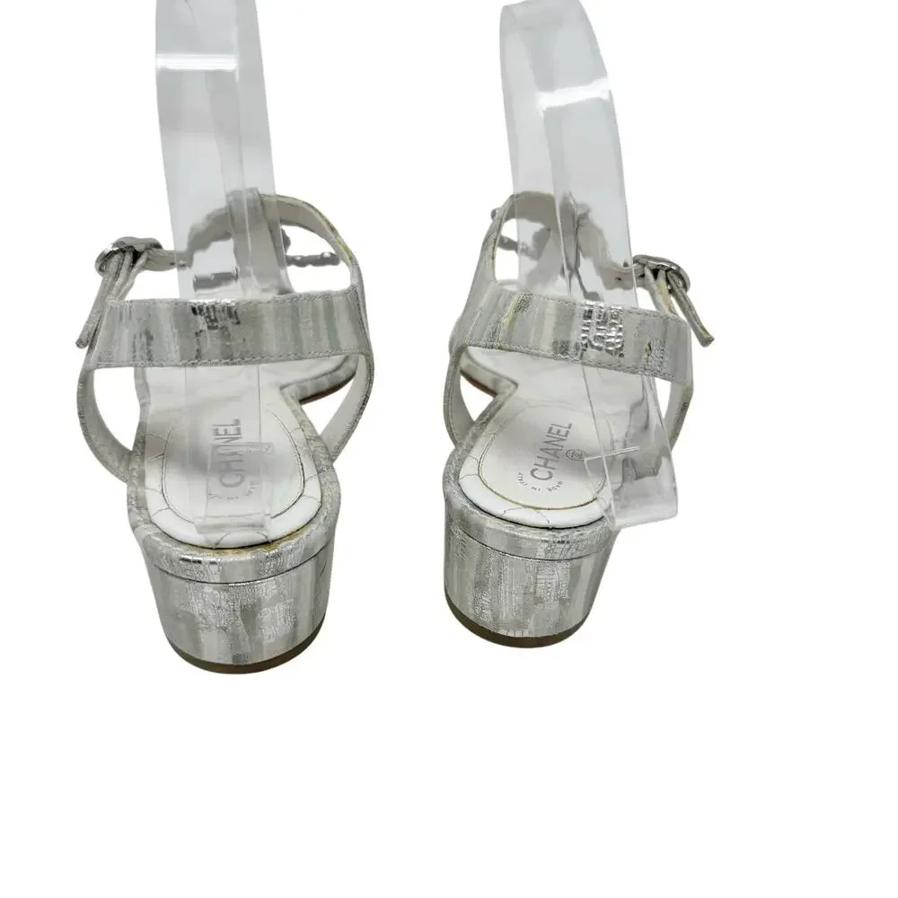 Chanel 20P Silver Laminated Quilted CC Thong Block Heel Sandals 37.5 Box